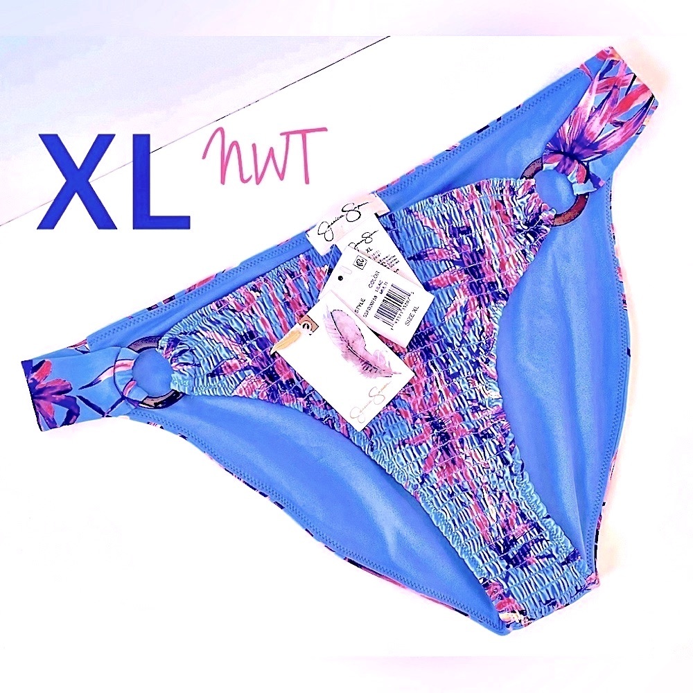 NWT XL Jessica Simpson tanga swim briefs smock wood hoop sides periwinkle blue